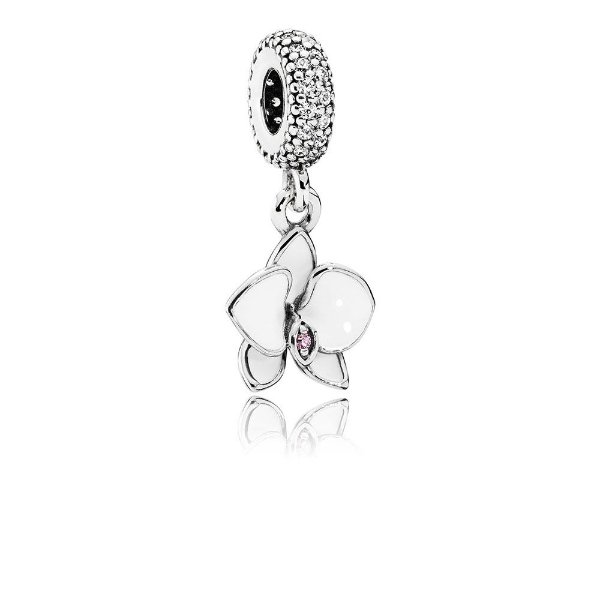 Orchid Dangle Charm, White Enamel, Clear & Orchid CZ
