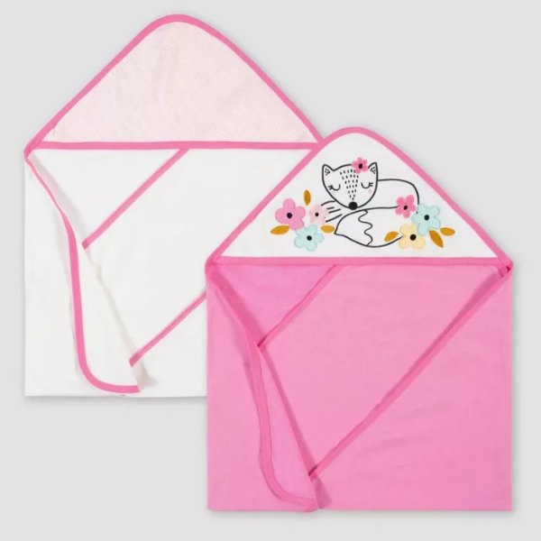 Baby Girls&#39; 2pk Fox Terry Hooded Bath Towel - Pink