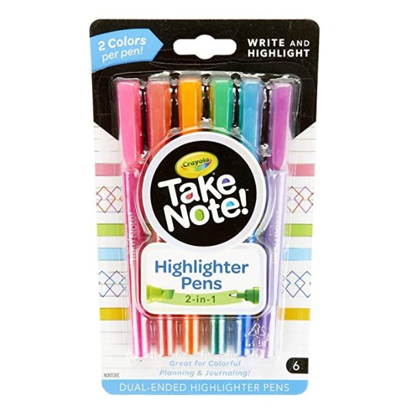 Take Note Dual Tip Highlighter Pens, Assorted Colors, School Supplies, 6 Count