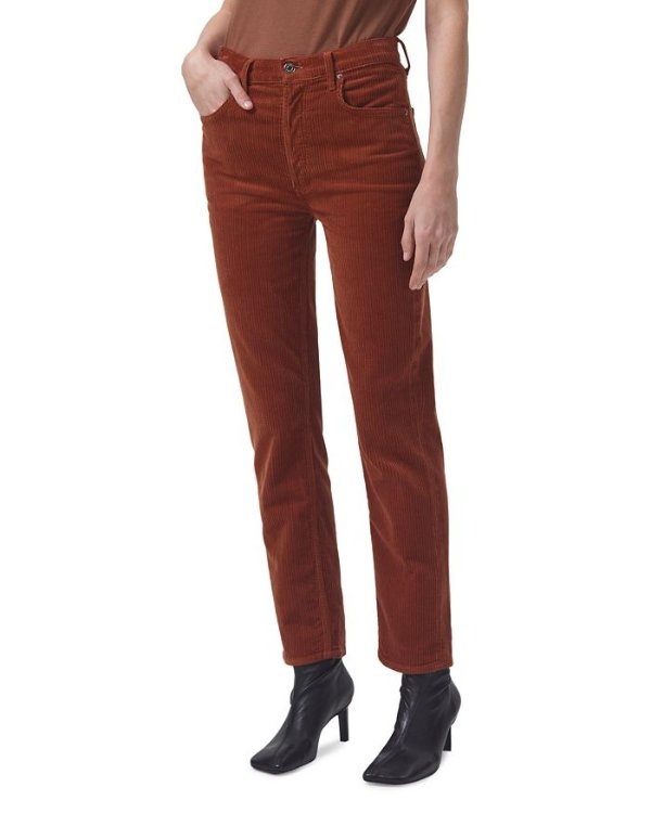 Riley High Rise Corduroy Ankle Straight Jeans in Saddle