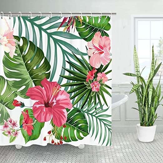 Floral Shower Curtain, Green Shower Curtain, Tropical Shower Curtains for Bathroom, Flower Shower Curtain, Botanical Shower Curtain Set with 12 Hooks, Plant Bathroom Decor, 72X72 inches