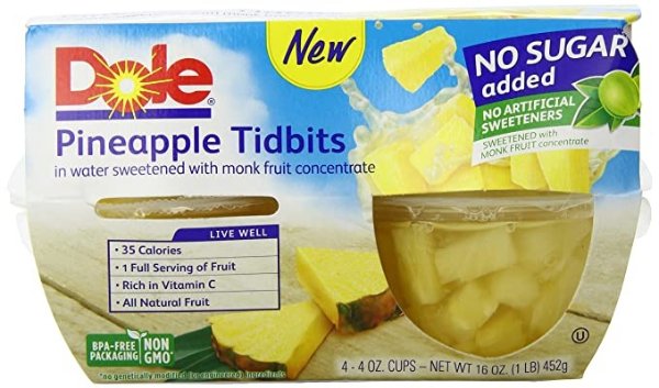 FRUIT BOWLS, Pineapple Tidbits in Water, No Sugar Added, 4 Cups