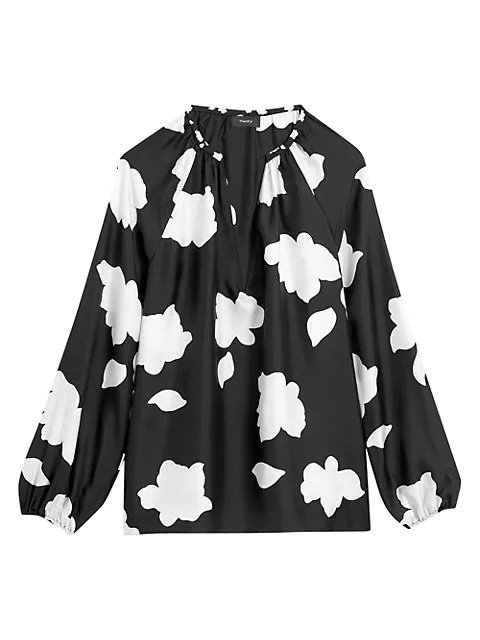 Floral V-Neck Puff-Sleeve Silk Blouse