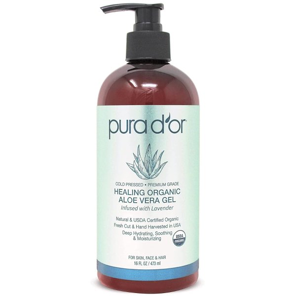 D'OR Organic Aloe Vera Gel Lavender (16oz) All Natural - ZERO Artificial Preservatives - Deeply Hydrating & Moisturizing - Sunburn, Bug Bites, Rashes, Small Cuts, Eczema Relief - For Skin & Hair