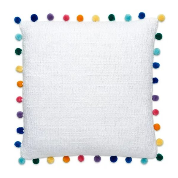 Home Kids Organic Cotton Decorative Pillow with Pom Trim, White, 18 x18