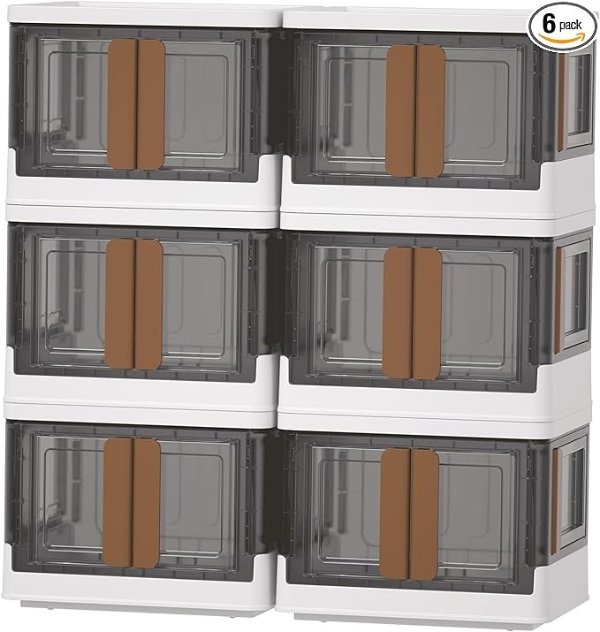 HAIXIN Folding Storage Bins with Left Doors and Right Doors Opening, 6.86 Gal Bookcase, Stackable Storage Cabinet, Plastic Shelves Organizer, Space-Saver Pantry Storage, Room Organization, 6 Pack