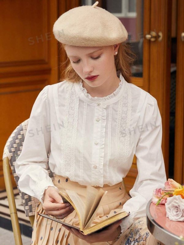 Simple Retro Women Cotton Embroidered Ruffle Solid High Neck Shirt