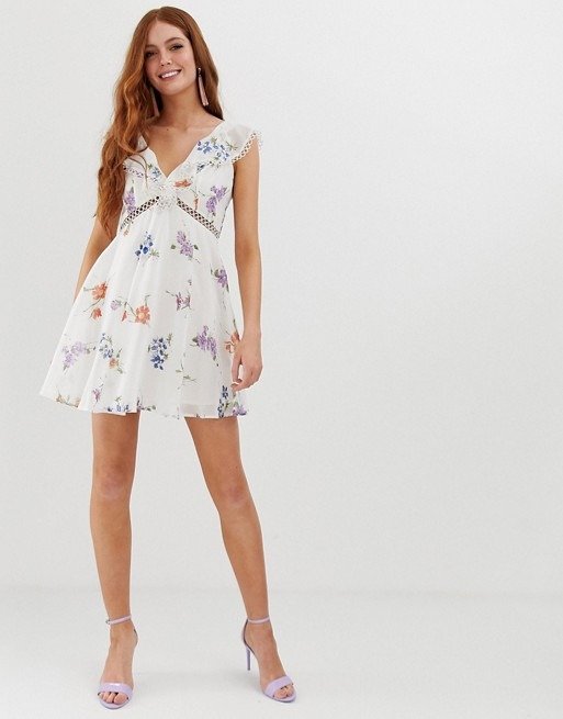 DESIGN mini dress with trim detail in dainty floral |