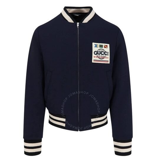 Blue Jersey Wool Flags Patch Bomber Jacket
