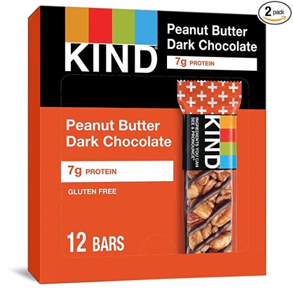 Bars, Peanut Butter Dark Chocolate, 7g Protein, Gluten Free Bars, 1.4 Ounce,24 Count