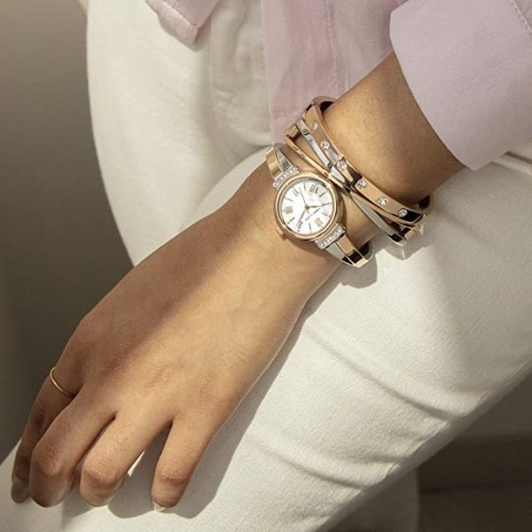 Women's AK/2245RTST Premium Crystal Accented Rose Gold-Tone and Silver-Tone Bangle Watch and Bracelet Set