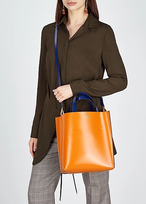Colour-block leather top handle bag
