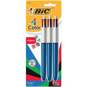 BIC 4-Color Ball Pen, Medium Point (1.0mm), Assorted Ink, 3-Count
