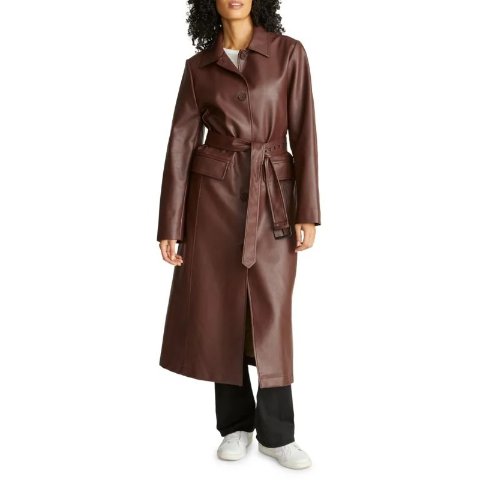 Faux Leather Belted Maxi Trench Coat