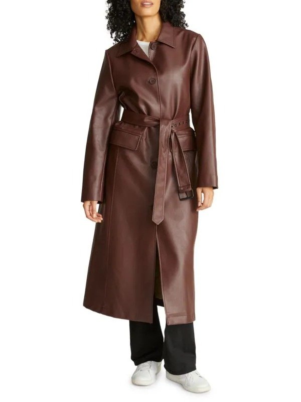 Faux Leather Belted Maxi Trench Coat