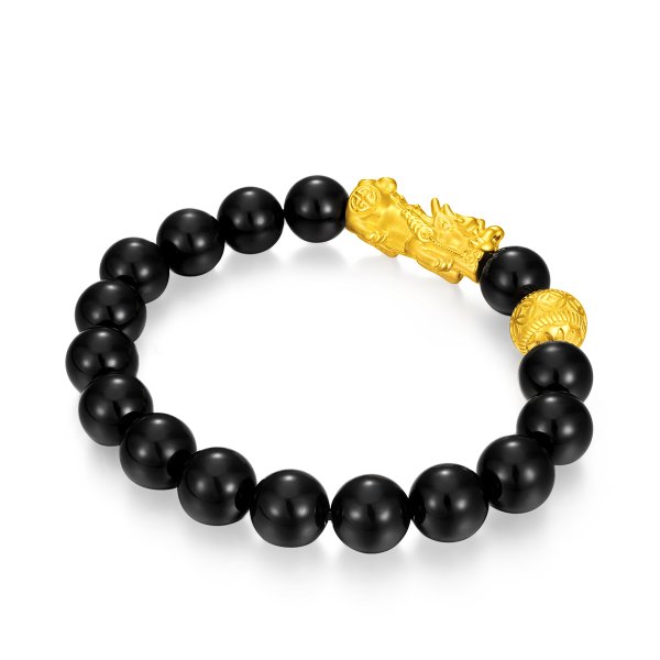 999 24K Gold Large Pixiu and Fortune Ball Charm Bracelet with Black Agate Marbles