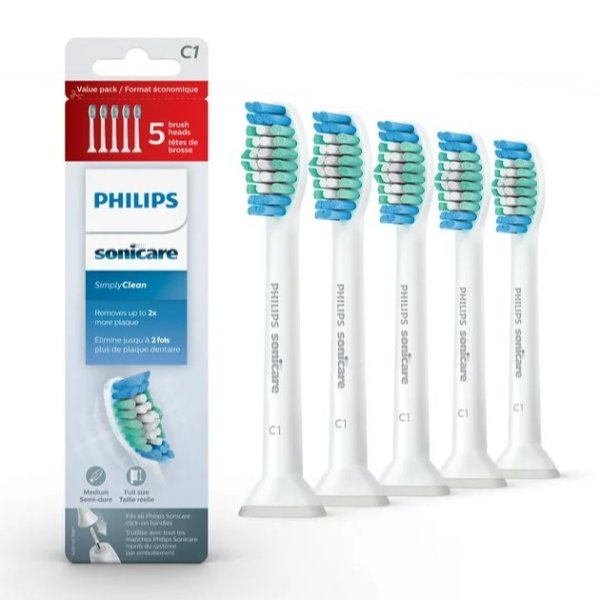 Sonicare Simplyclean (C1) Replacement Toothbrush Heads, 5 Pack, HX6015/03