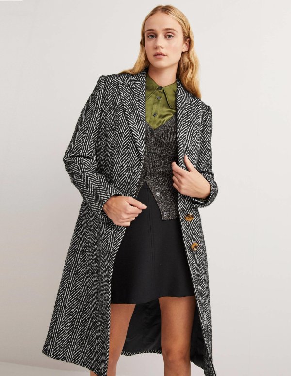 Wool Blend Tailored Coat - Black and Ivory Herringbone | Boden US