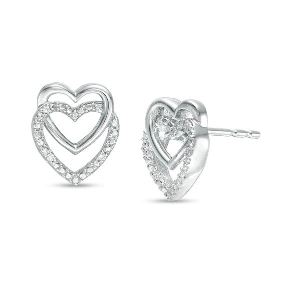 Diamond Accent Linear Double Heart Stud Earrings in Sterling Silver|Zales