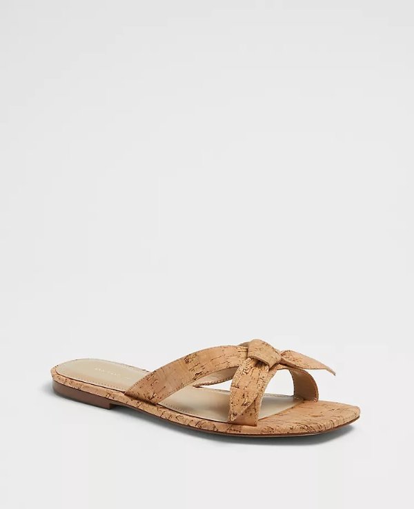 Ava Cork Bow Flat Slide Sandals | Ann Taylor