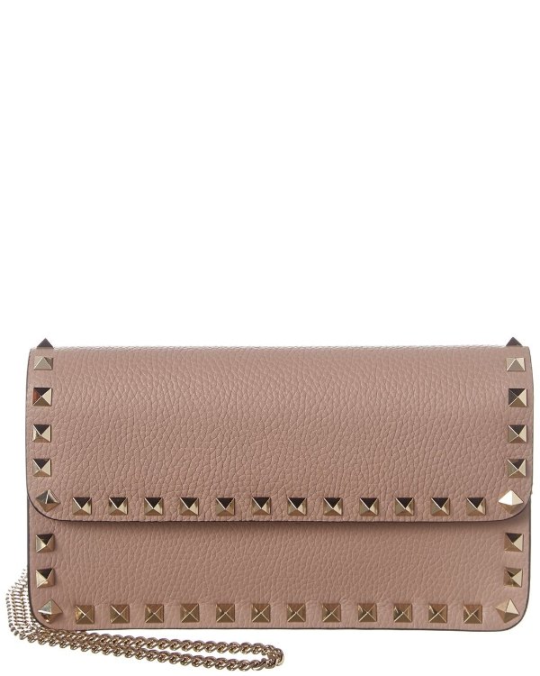 Rockstud Grainy Leather Wallet On Chain