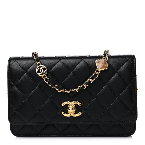 Lambskin Quilted Enamel CC Wallet on Chain WOC Black