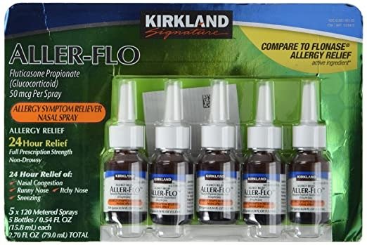 Kirkland Aller-Flo Fluticasone Propionate (Glucorticoid) 5 Bottles x 120 Metered Sprays .54 Fl OZ per Bottle (15.84 mL x 5) 2.70 OZ Total (79.0 mL Total) 600 Total Sprays Total
