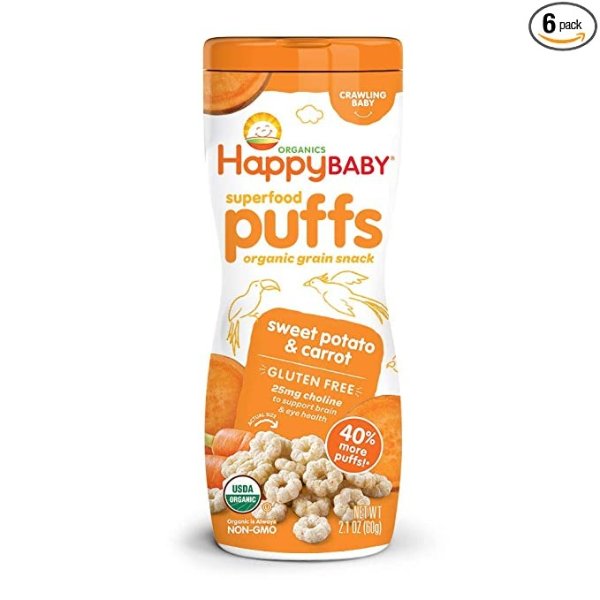 Happy Baby Organic Superfood Puffs Sweet Potato & Carrot, 2.1 Ounce, Pack of 6 (Packaging May Vary)
