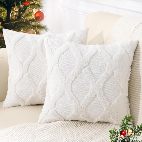Christmas Decorative Throw Pillow Covers 18x18 Set of 2, Soft Plush Faux Fur Wool Pillow Covers for Couch Bed Sofa Living Room, Cream White