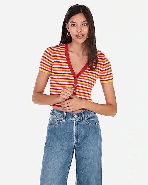 Striped Button Front Cropped Sweater Top