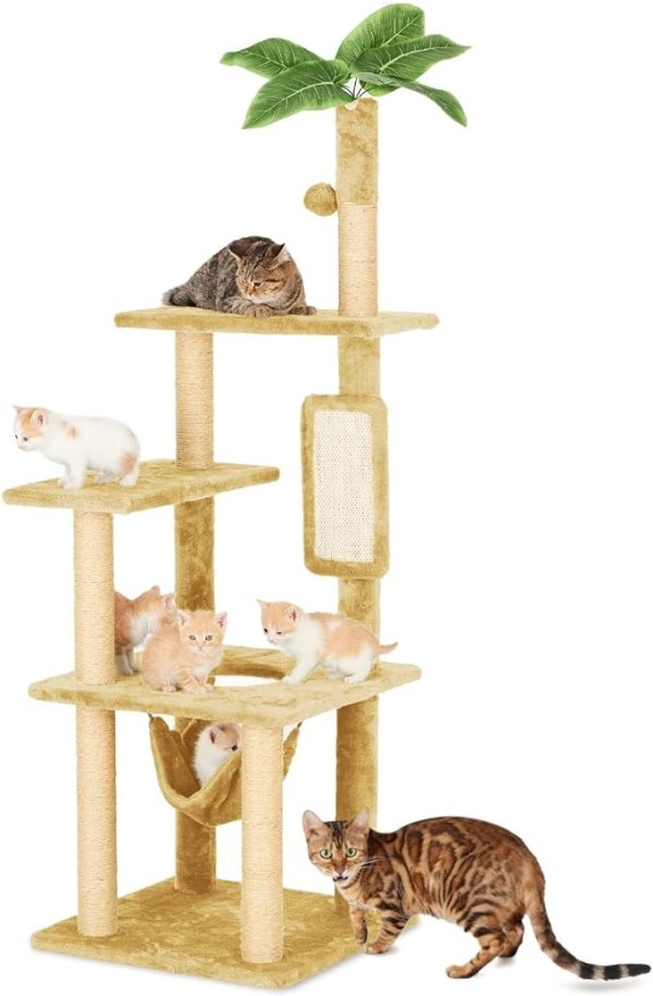 55" Cat Tree for Indoor Cats with Green Leaves, Multi-Level Large Cat Tower for Indoor Cats with Hammock, Plush Cat House with Hang Ball Toy and Cat Sisal Scratching Posts Cat Furniture, Beige