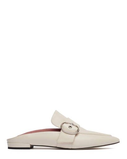 RIVER - ROUND BUCKLE POINTED MULES WHITE KID LEATHER