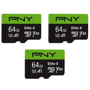 PNY 64GB Elite-X Class 10 U3 V30 microSDXC Flash Memory Card 3-Pack