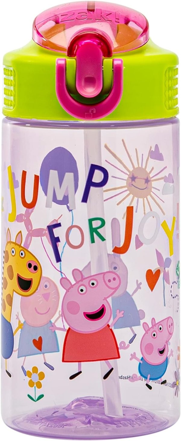 Peppa Pig Kids Water Bottle For School or Travel, 16oz Durable Plastic Water Bottle With Straw, Handle, and Leak-Proof, Pop-Up Spout Cover (Peppa & Friends)