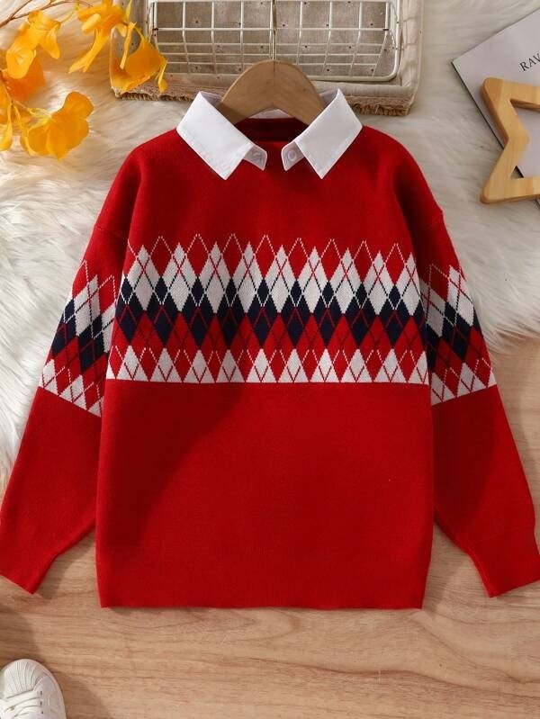 Young Boy Argyle Pattern Contrast Collar Sweater