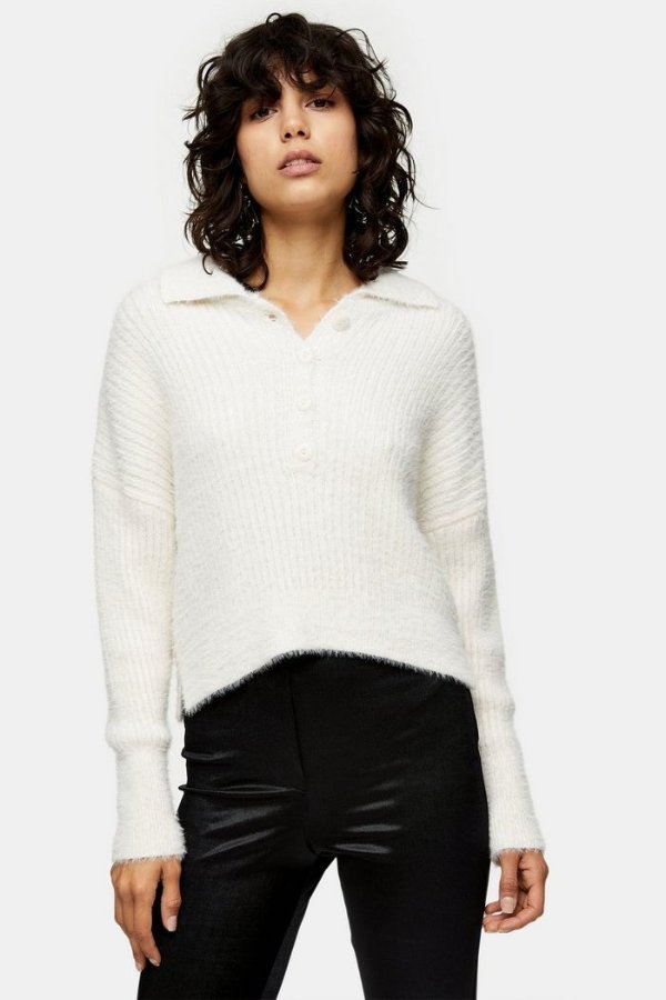 Ivory Fluffy Ribbed Knitted Button Polo Sweater