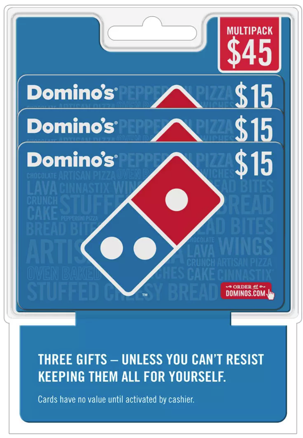 Domino's $15电子礼卡3张(共$45)限时优惠