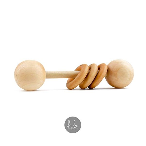 Organic Wood Montessori Styled Baby Rattle by Homi Baby - Perfect Grasping Teething Toy for Toddlers - Handmade in The USA - Sealed with Organic Virgin Coconut Oil (Natural)