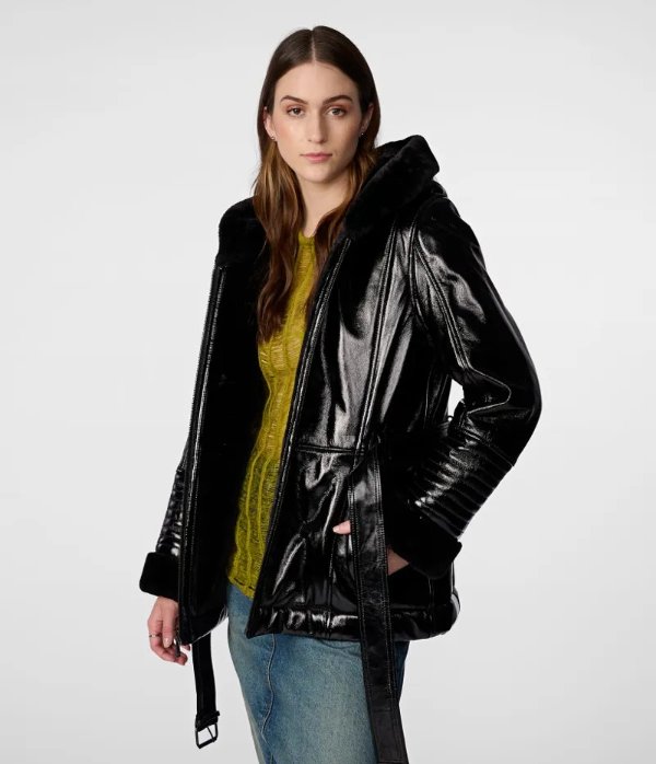 Gabby Shine Leather Hooded Jacket