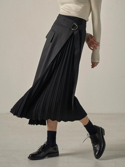 Pleated wool wrap skirt_Black