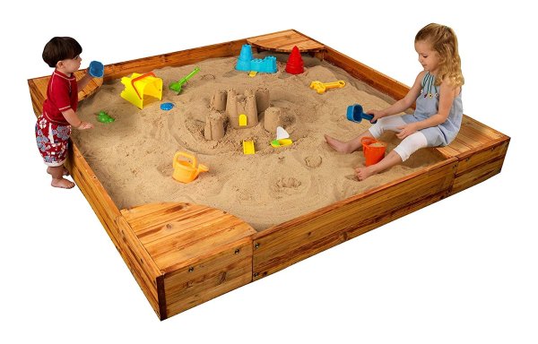 KidKraft Wooden Backyard Sandbox with Built-in Corner Seating and Mesh Cover