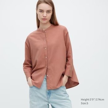 Linen Blend Band Collar 3/4-Sleeve Shirt
