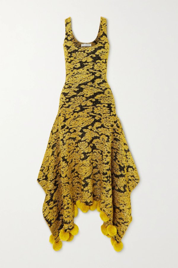 Asymmetric pompom-embellished metallic floral-jacquard dress
