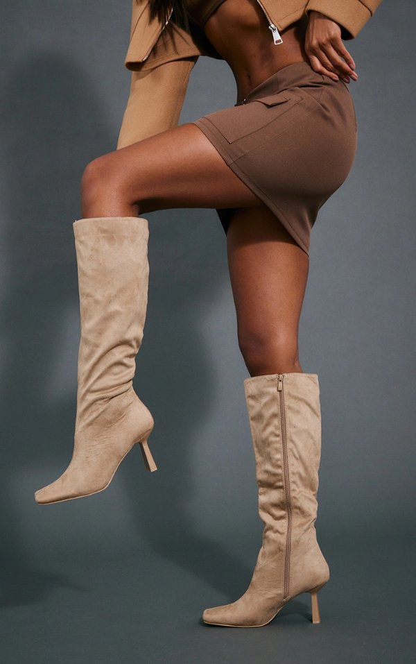 Sand Suede Square Toe Mid Heeled Knee Boots
