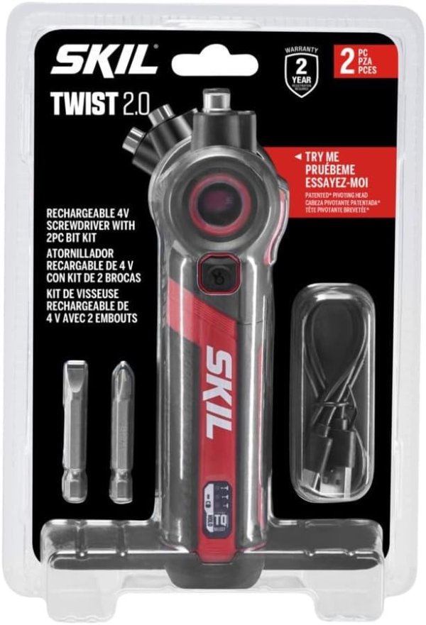 Twist 2.0 Rechargeable 4V Screwdriver with Pivoting Head, Torque Setting, USB-C Charging Cable & 2PC Bit Set