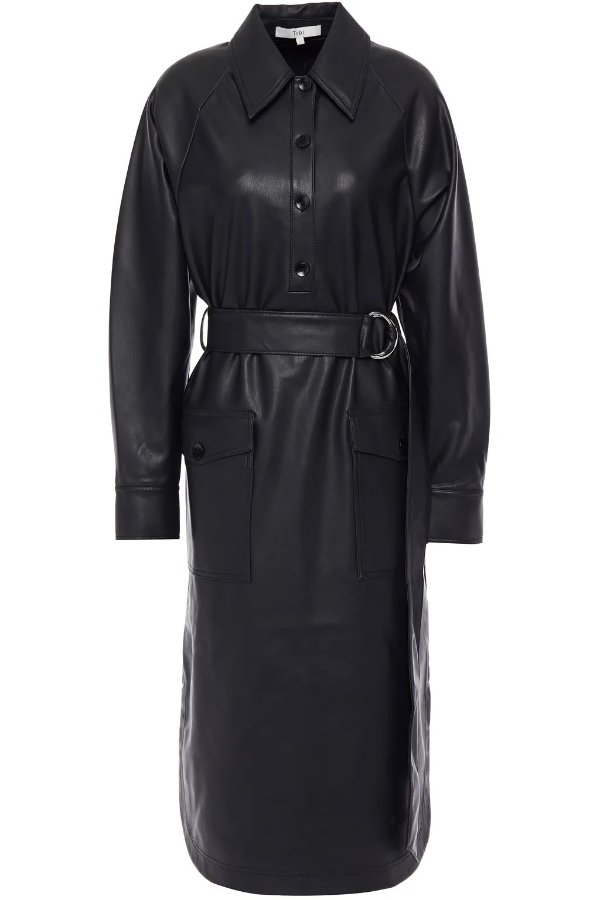 Belted faux leather shirt dress