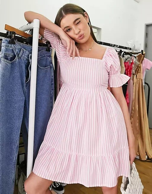poplin milkmaid mini dress in pink stripe