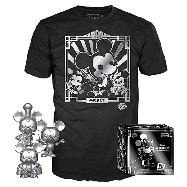 Pop! 3 Pack & Tee: Disney - Mickey's 90th T-Shirt & Silver Steamboat Willie, Conductor, & Apprentice, Size X-Small, Multicolor