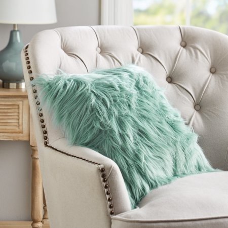 Angora Fur Decorative Throw Pillow, 18" x 18", Aqua Slate