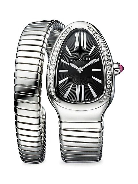Lady Serpenti Seduttori Stainless Steel, Diamond & Black Dial Bracelet Watch